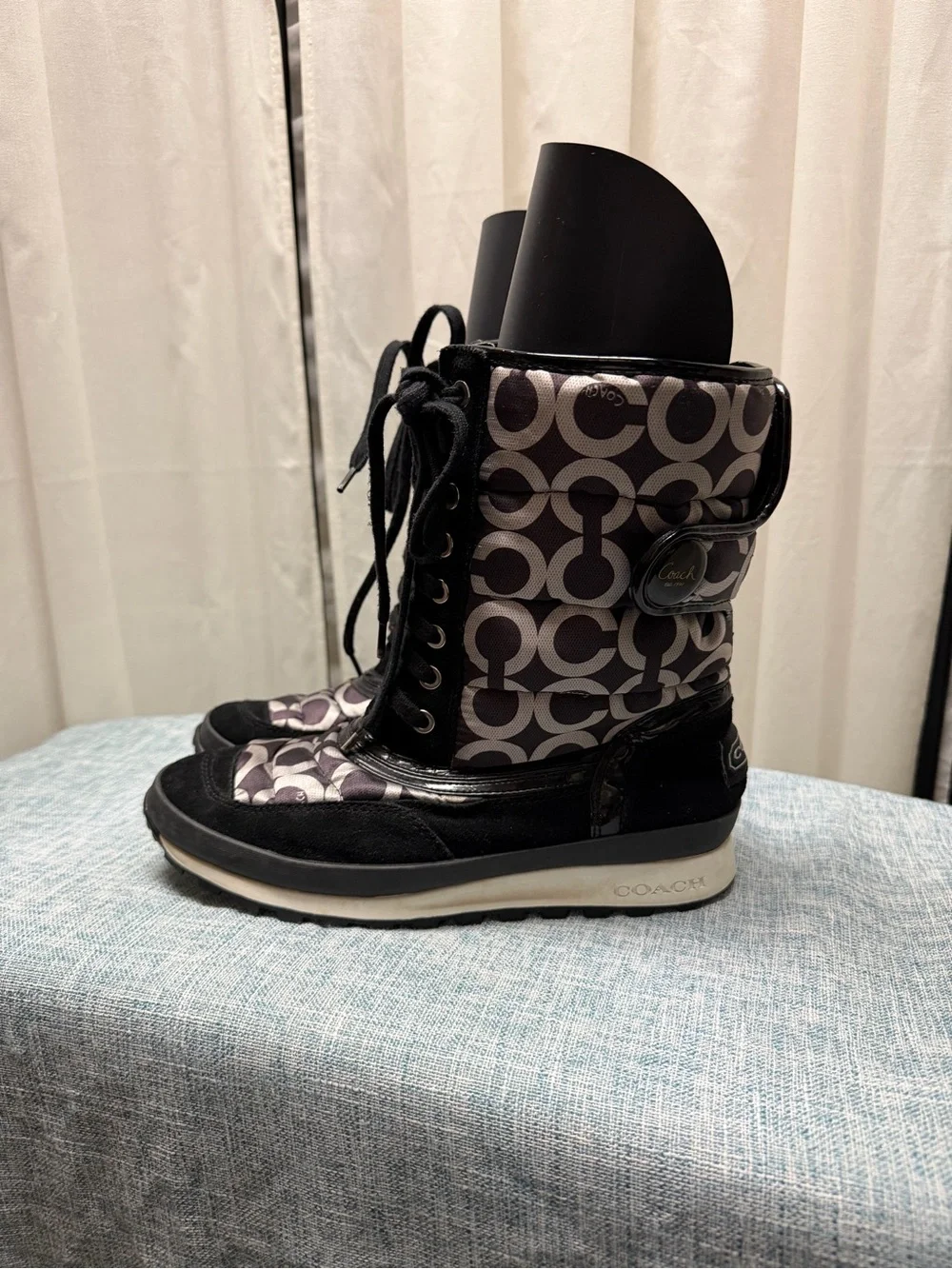 Coach Signature C Monogram Lace-Up Winter Boots Black Gray Women’s 8.5